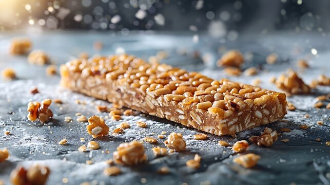 Close up of a healthy granola bar with scattered crumbs on a textured surface - Powered by Adobe