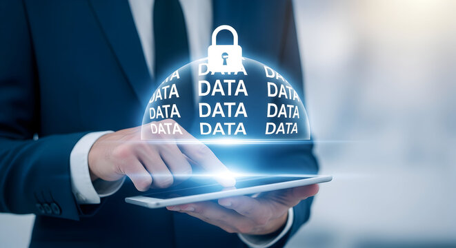Businessman uses tablet for data protection and cybersecurity with a padlock icon emphasizing digital security and privacy in a modern technological context for business and personal use