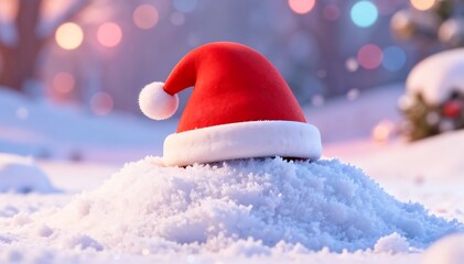 Festive Santa hat sits gently on a snowdrift