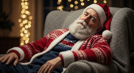 A tired elderly man with a long white beard wearing a Santa hat and festive patterned cardigan is sleeping peacefully in a cozy armchair in a warmly lit room