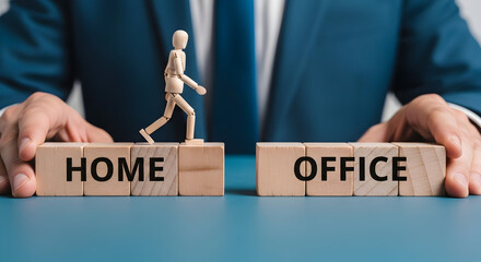 Wooden figure transitioning from home to office work on wooden blocks held by a person in a suit symbolizing the shift to hybrid work models and the balance between remote and inoffice environments