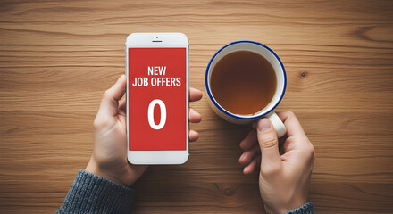 Person checks for new job offers on their smartphone while enjoying a cup of tea on a wooden table reflecting the current job market and career opportunities available online today