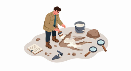 Paleontologist carefully unearthing a dinosaur footprint or fossil at an archaeological excavation site, symbolizing scientific discovery, ancient history, and research.