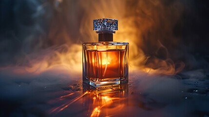 Luxurious glass perfume bottle with warm glowing light and smoke