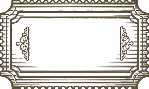 Engraving art vintage blank ticket or label frame with ornate scrollwork decoration, engraved style border