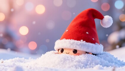 Adorable face with Santa hat emerging from winter snow