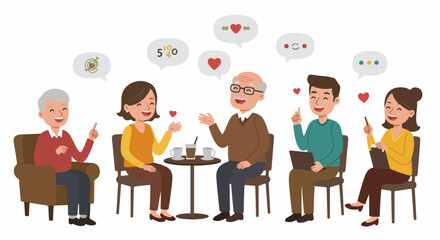 Diverse group of happy people, spanning generations, engaged in lively conversation with speech bubbles showing ideas, hearts, and data, symbolizing communication and connection.