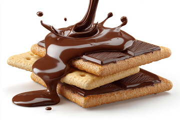 Rich molten chocolate pouring and splashing onto a delicious stack of crunchy biscuits with chocolate bars