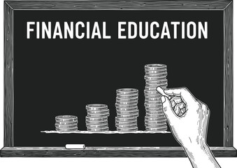 Engraving art hand drawing a bar chart made of coin stacks on a chalkboard labeled financial education, symbolizing investment growth and money management learning