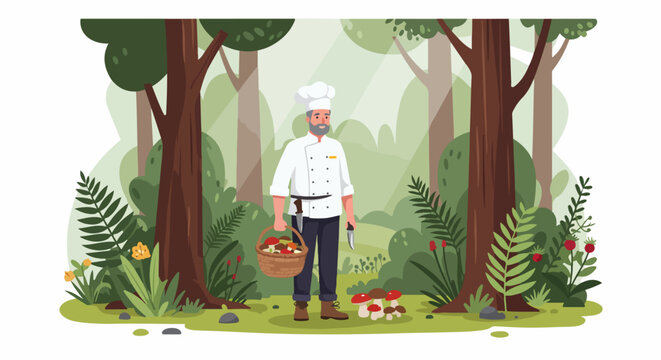 A professional chef forages for fresh wild mushrooms and natural ingredients in a serene, sunlit forest, embracing sustainable culinary practices outdoors.