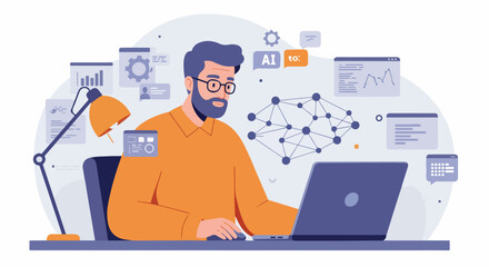 Man working with AI and data analysis on laptop, surrounded by neural network diagrams and digital interfaces, representing modern technology and machine learning development.