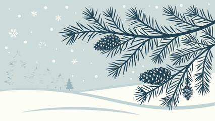 Winter scene featuring pine branch with cones and snow falling in a serene landscape setting