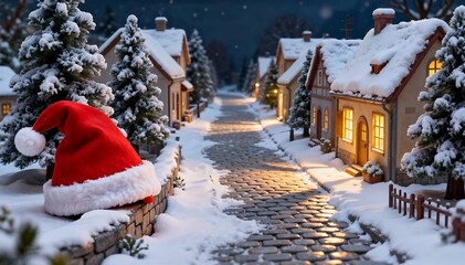 Festive Winter Village Scene with a Santa Hat