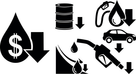 Fototapeta na wymiar Oil price decline fuel pump drop gasoline barrel cost reduction vector illustration