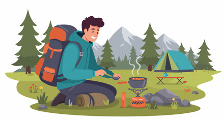 Happy young man enjoying outdoor camping, cooking a warm meal on a portable stove in a picturesque mountain and forest landscape with his tent pitched nearby.