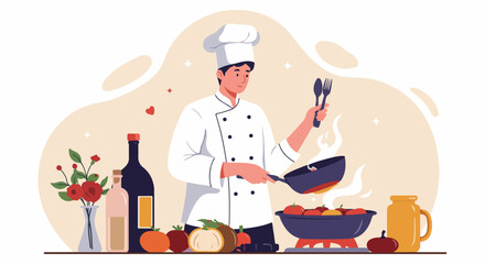 Professional male chef preparing a delicious, healthy meal in a vibrant kitchen setting, showcasing culinary expertise and fresh ingredients in a flat illustration.