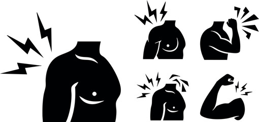 Shoulder and arm pain discomfort vector icons illustration with lightning symbols and human body parts silhouette