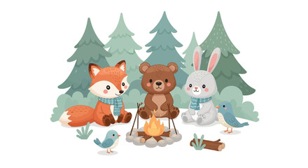 Fototapeta premium Adorable fox, bear, and rabbit friends gathered around a cozy campfire in the woods, perfect for children's books or nature-themed projects