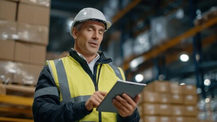 295Worker in warehouse holding tablet, surrounded by organized pallets and tall shelves, cinematic lighting highlighting the textures of boxes and digital interface - Powered by Adobe
