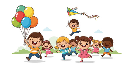 Fototapeta premium Joyful children running with balloons and kite, celebrating childhood fun and vibrant energy, perfect for kids' products, education, and community outreach.