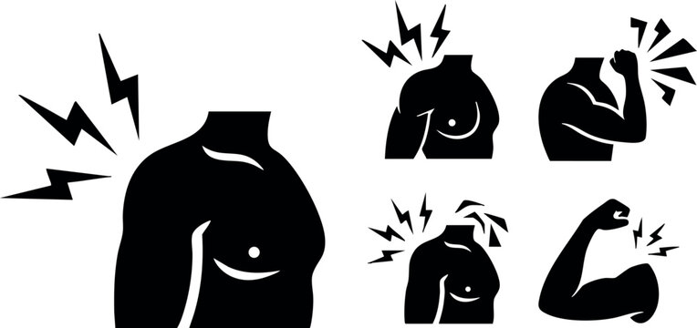 Shoulder and arm pain discomfort vector icons illustration with lightning symbols and human body parts silhouette - Powered by Adobe