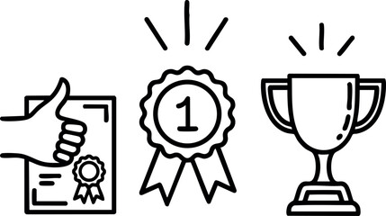 Award certificate thumbs up first place medal trophy cup line art vector illustration