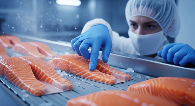 Quality Control Inspector Checking Fresh Salmon Fillets on Food Processing Factory Conveyor Belt