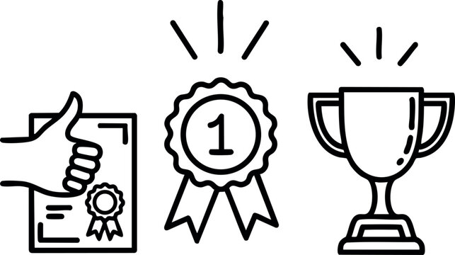 Award certificate thumbs up first place medal trophy cup line art vector illustration