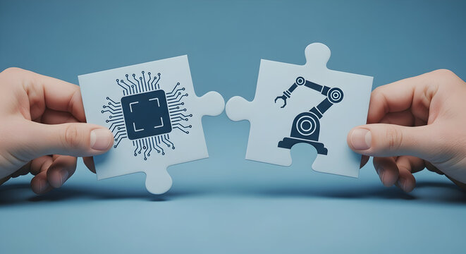 Hands connecting puzzle pieces with a circuit board and robotic arm design symbolizing automation technology and artificial intelligence solutions for modern industrial applications and innovation