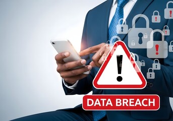Man in suit using smartphone with data breach warning sign and padlock icons overlayed digitally