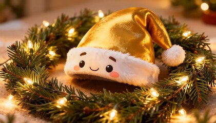 Smiling Golden Hat Resting Inside Illuminated Wreath