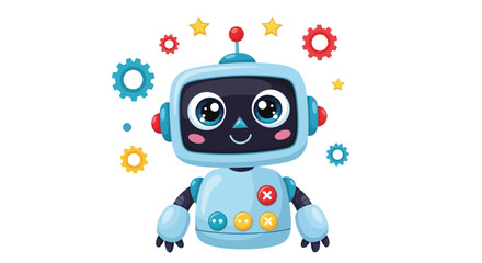 Fototapeta premium Adorable cartoon robot character with gears and stars, perfect for children's books, educational materials, or playful tech-themed designs and digital art