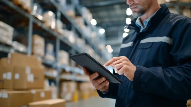 297Side-angle view of person consulting a tablet, warehouse shelves receding into the background, ambient industrial light casting shadows on stacked boxes