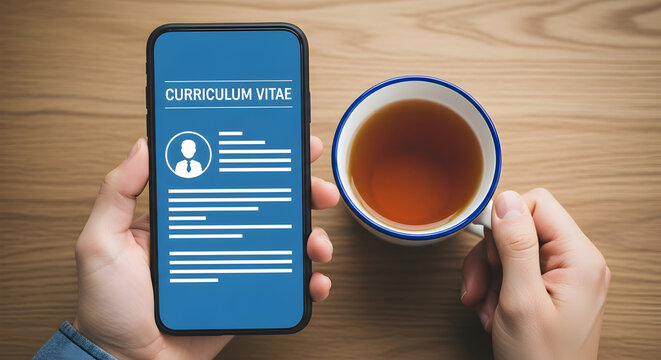 Person reviews curriculum vitae on smartphone while enjoying a cup of tea on a wooden table showcasing job application and career planning in a modern setting