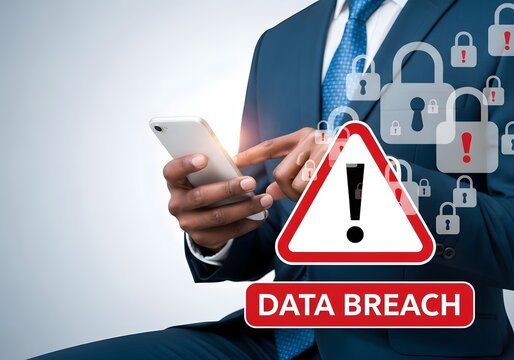 Man in suit using smartphone with data breach warning sign and padlock icons overlayed digitally