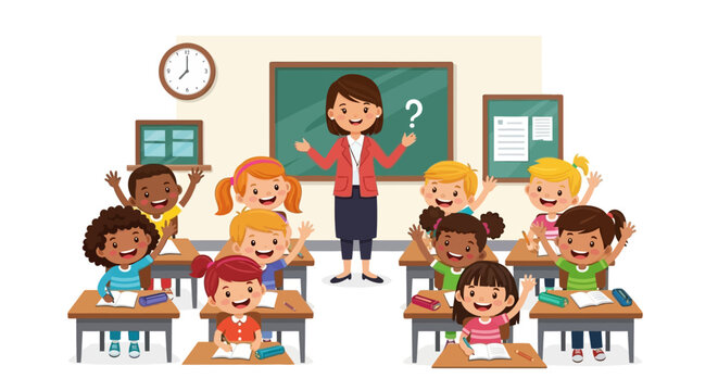Engaging classroom scene with teacher and eager students raising hands, perfect for educational materials and back to school promotions with youthful energy