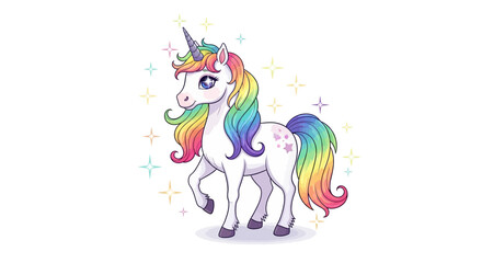 Adorable rainbow unicorn with sparkling stars, perfect for enchanting children's designs and magical storybooks or whimsical birthday party invitations