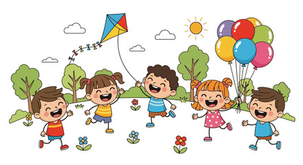 Joyful children playing with a colorful kite and balloons in a sunny park illustration, perfect for educational materials, children's books, and playful designs