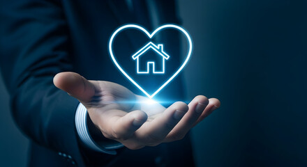 Man presents a glowing house icon within a heart shape symbolizing home ownership real estate and the importance of finding the perfect property with care and love a safe and secure investment