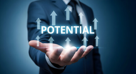 Businessman presents potential growth with upward arrows on his hand showcasing business strategy success and career development in a corporate environment with a focus on leadership