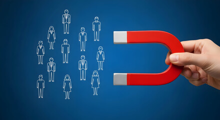 Hand holding a red magnet attracting line drawing people on a blue background illustrating talent acquisition recruitment hr strategy and attracting customers and leads for business growth