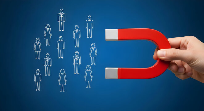 Hand holding a red magnet attracting line drawing people on a blue background illustrating talent acquisition recruitment hr strategy and attracting customers and leads for business growth