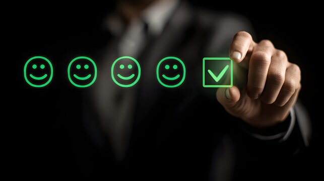Businessman hand selecting happy face rating on virtual screen customer satisfaction survey.