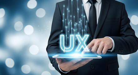 Businessman showcases ux design on a tablet with a digital interface and glowing effects against a bokeh background emphasizing user experience and modern technology in a professional setting