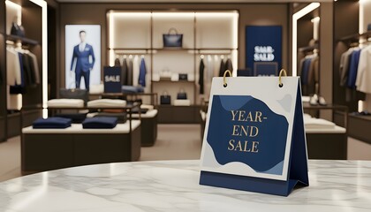 Year end sale banner displayed on a marble table in an outlet room with a promotional discount