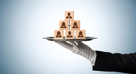 Hand presents a hierarchical structure of wooden blocks with person icons on a silver platter representing organizational chart leadership management and corporate structure on a gradient background