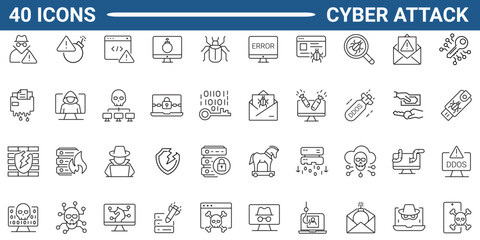 Cyber attack line icon set.  Includes Hacking, Data Breach, Malware Attack, Ransomware, and Phishing. Editable stroke. Vector illustration