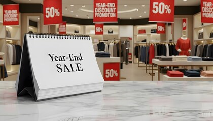 Promotional year end sale banner placed on marble table in retail outlet setting