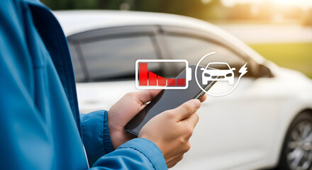Person checks electric car battery level on smartphone app near vehicle showcasing ev technology energy efficiency and modern transportation solutions for sustainable living and innovation