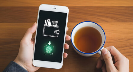 Person uses mobile payment app on smartphone with fingerprint scan next to a cup of tea on a wooden table showcasing digital wallet online shopping and secure transaction technology